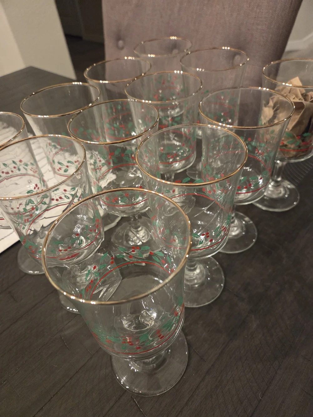 1987 Vintage Holiday Holly Stemmed Glass - Clear with Green & Red And Gold Rim